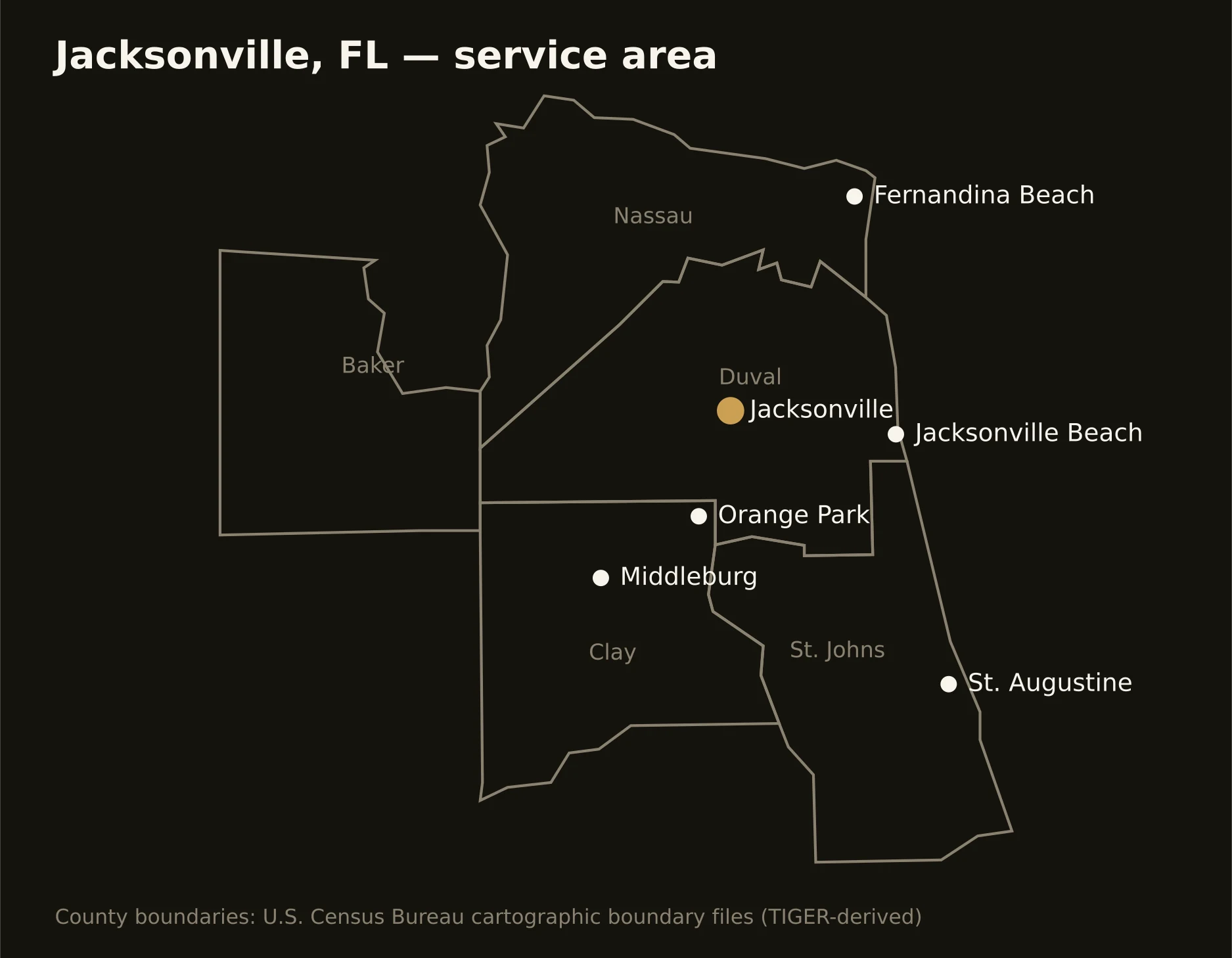 Jacksonville, FL directional drilling service area map — component counties and cities served